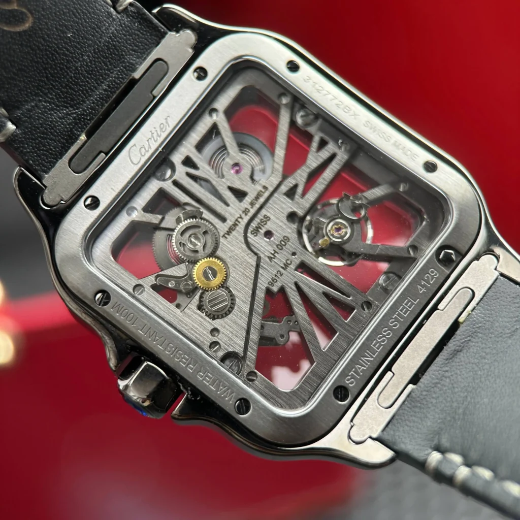 Super Clone Cartier Santos Large Skeleton WHSA0009 39mm — on leather display