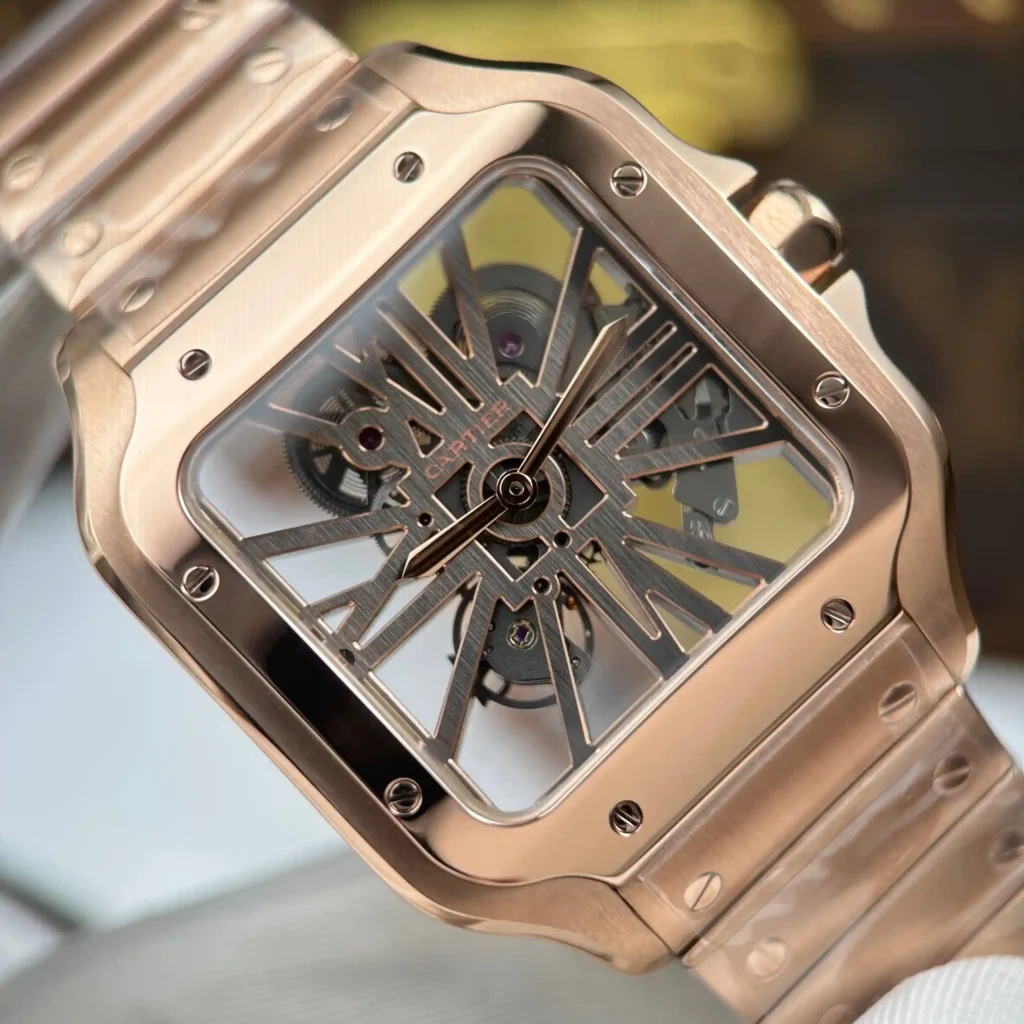 Super Clone Cartier Santos Large Skeleton WHSA0016 — on leather display