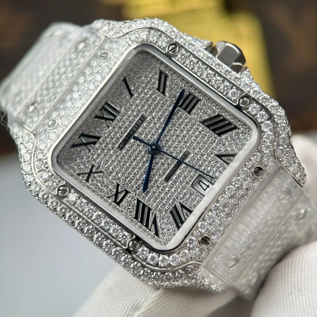 Super Clone Cartier Santos de Cartie Larger Full Diamond 39.8mm – Handcrafted Diamod — side profile