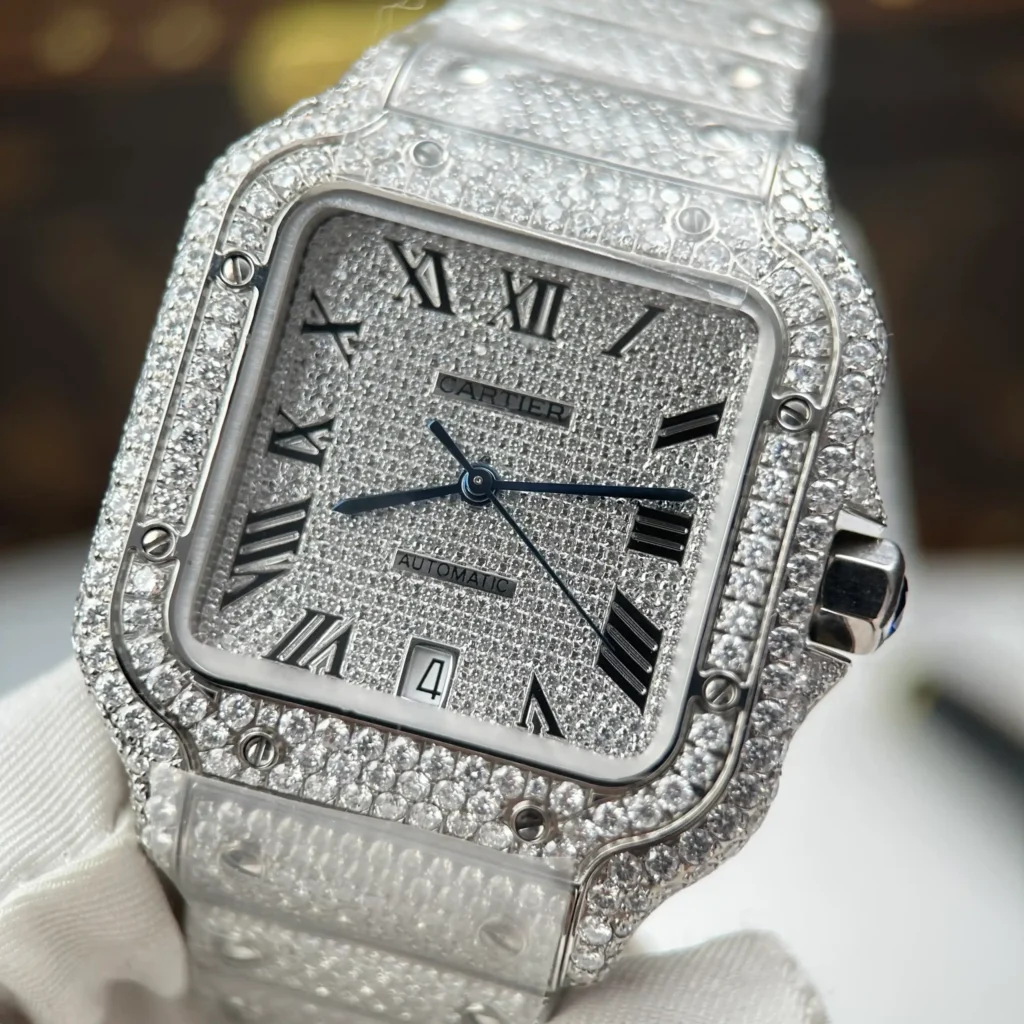 Super Clone Cartier Santos de Cartie Larger Full Diamond 39.8mm – Handcrafted Diamod — clasp and links