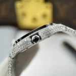 Super Clone Cartier Santos de Cartie Larger Full Diamond 39.8mm – Handcrafted Diamod — on leather display