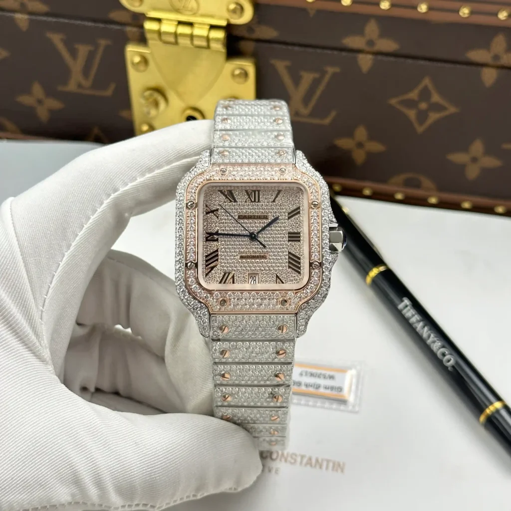 Super Clone Cartier Santos de Cartie Larger Full Diamond Demi Rose Gold 39.8mm – Handcrafted Diamod