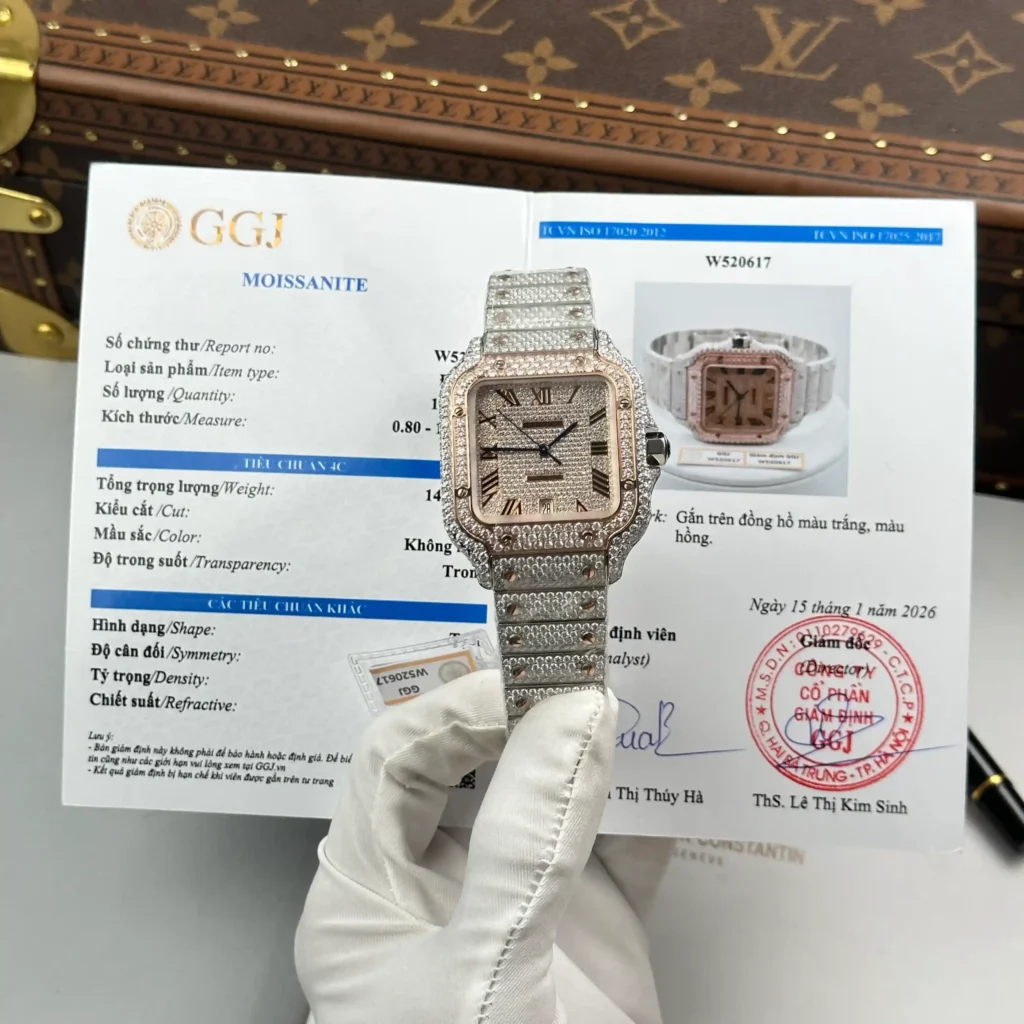 Super Clone Cartier Santos de Cartie Larger Full Diamond Demi Rose Gold 39.8mm – Handcrafted Diamod — dial close-up