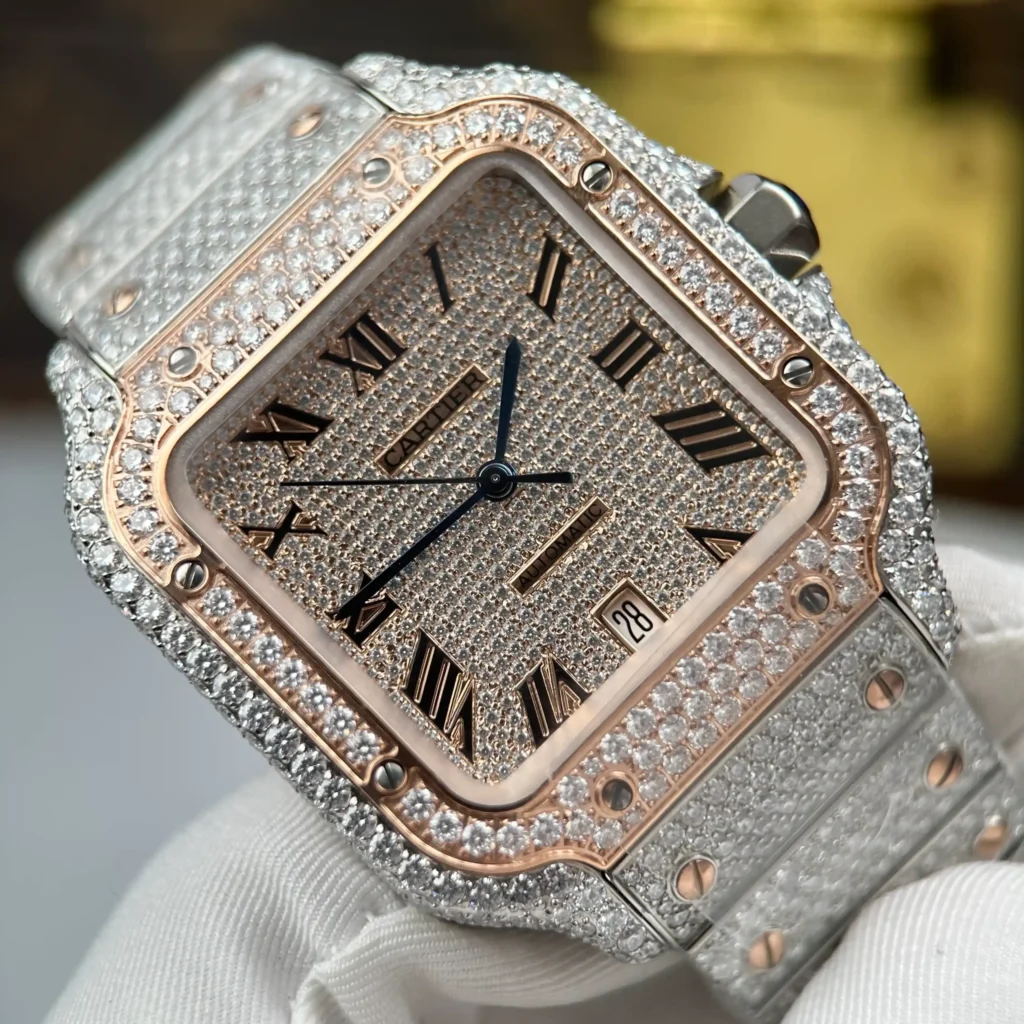 Super Clone Cartier Santos de Cartie Larger Full Diamond Demi Rose Gold 39.8mm – Handcrafted Diamod — side profile