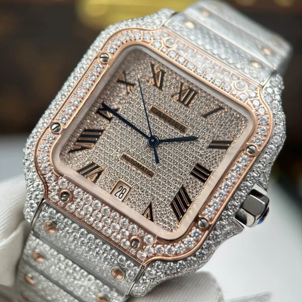 Super Clone Cartier Santos de Cartie Larger Full Diamond Demi Rose Gold 39.8mm – Handcrafted Diamod — clasp and links