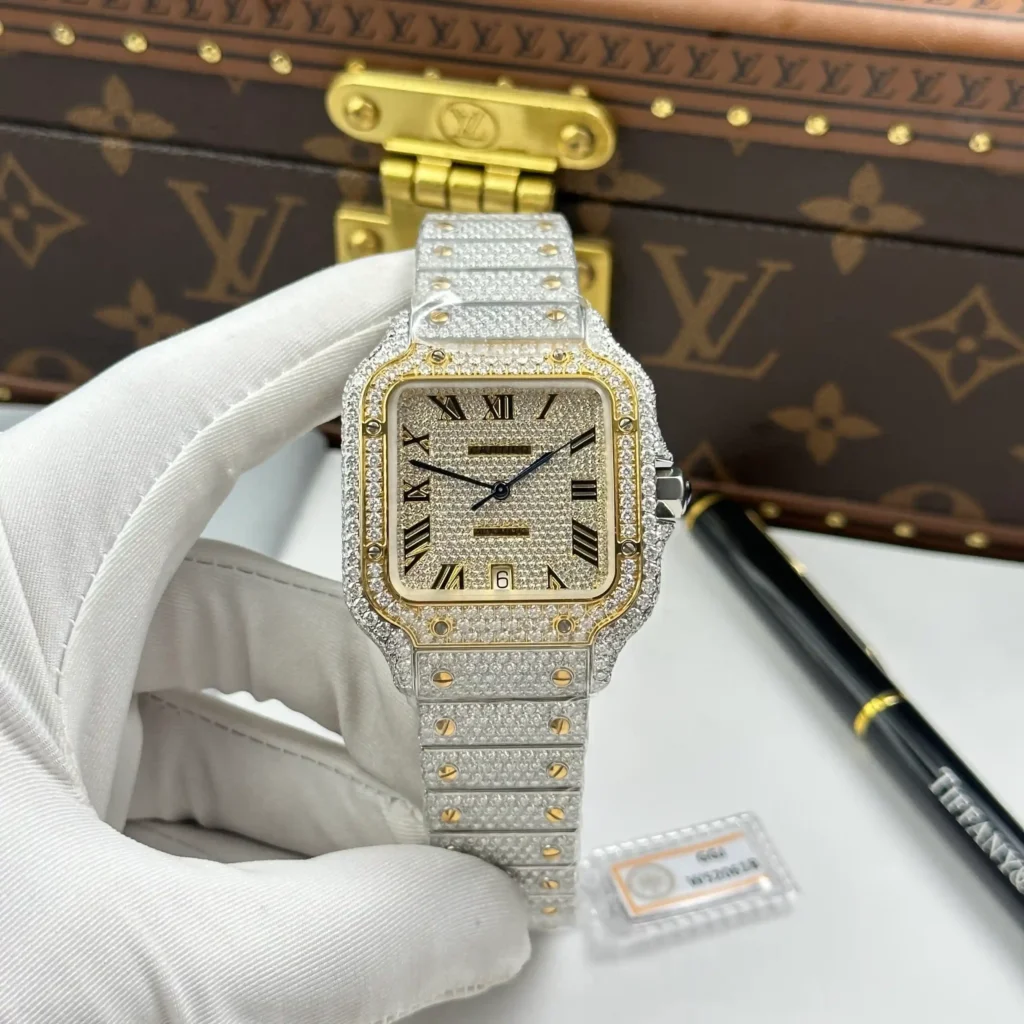 Super Clone Cartier Santos de Cartie Larger Full Diamond Demi Yellow Gold 39.8mm – Handcrafted Diamod