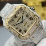 Super Clone Cartier Santos de Cartie Larger Full Diamond Demi Yellow Gold 39.8mm – Handcrafted Diamod — side profile