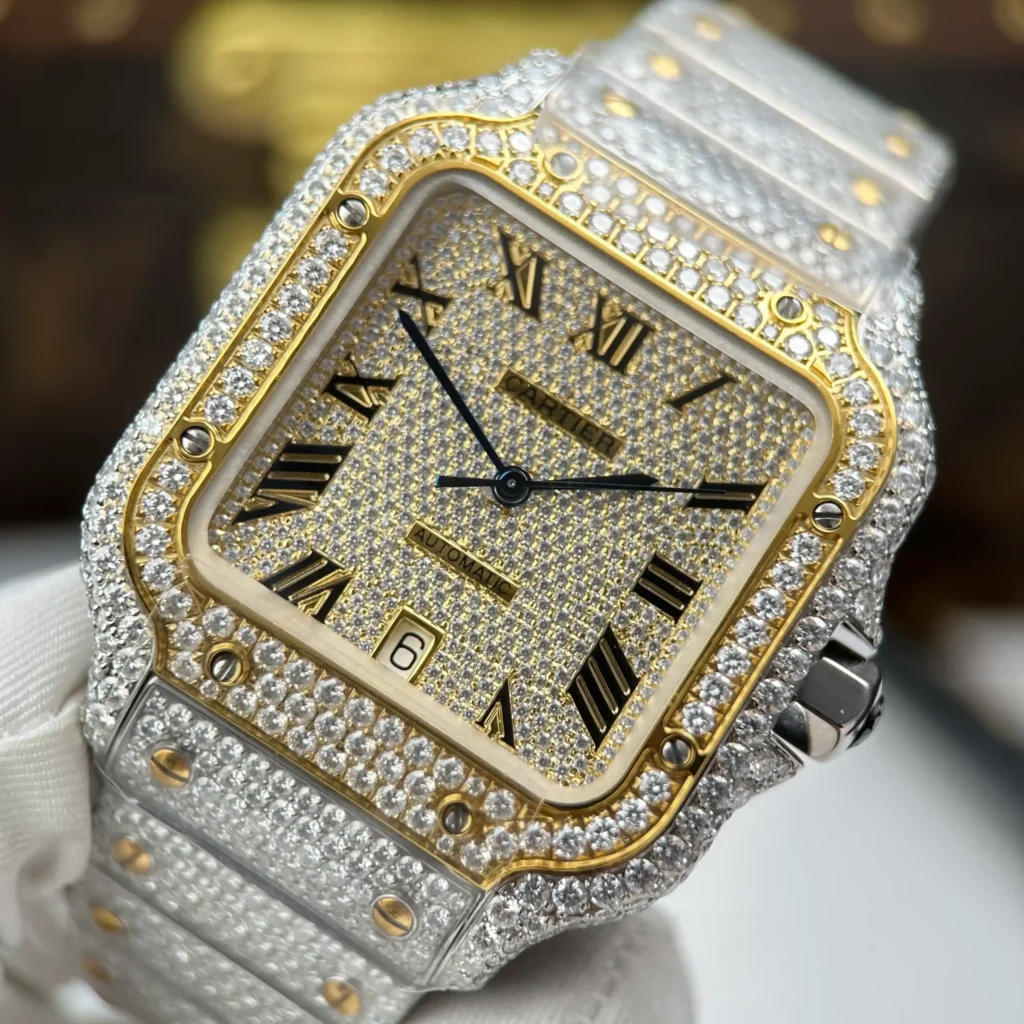 Super Clone Cartier Santos de Cartie Larger Full Diamond Demi Yellow Gold 39.8mm – Handcrafted Diamod — clasp and links