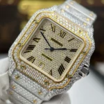 Super Clone Cartier Santos de Cartie Larger Full Diamond Demi Yellow Gold 39.8mm – Handcrafted Diamod — clasp and links