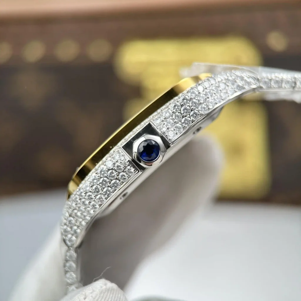 Super Clone Cartier Santos de Cartie Larger Full Diamond Demi Yellow Gold 39.8mm – Handcrafted Diamod — on leather display