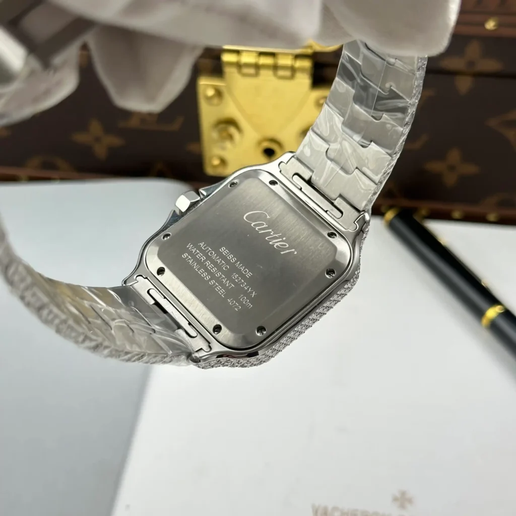 Super Clone Cartier Santos de Cartie Larger Full Diamond Demi Yellow Gold 39.8mm – Handcrafted Diamod — movement / caseback view