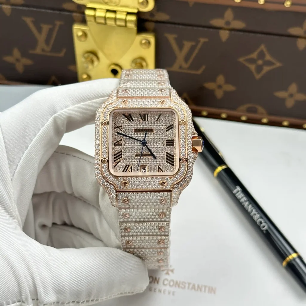 Super Clone Cartier Santos de Cartie Larger Full Diamond Rose Gold 39.8mm – Handcrafted Diamod