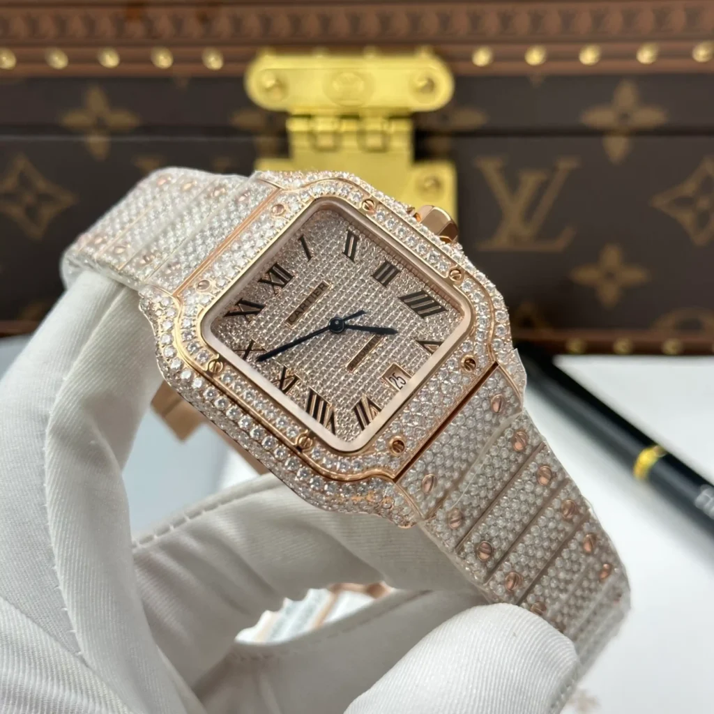 Super Clone Cartier Santos de Cartie Larger Full Diamond Rose Gold 39.8mm – Handcrafted Diamod — bracelet detail