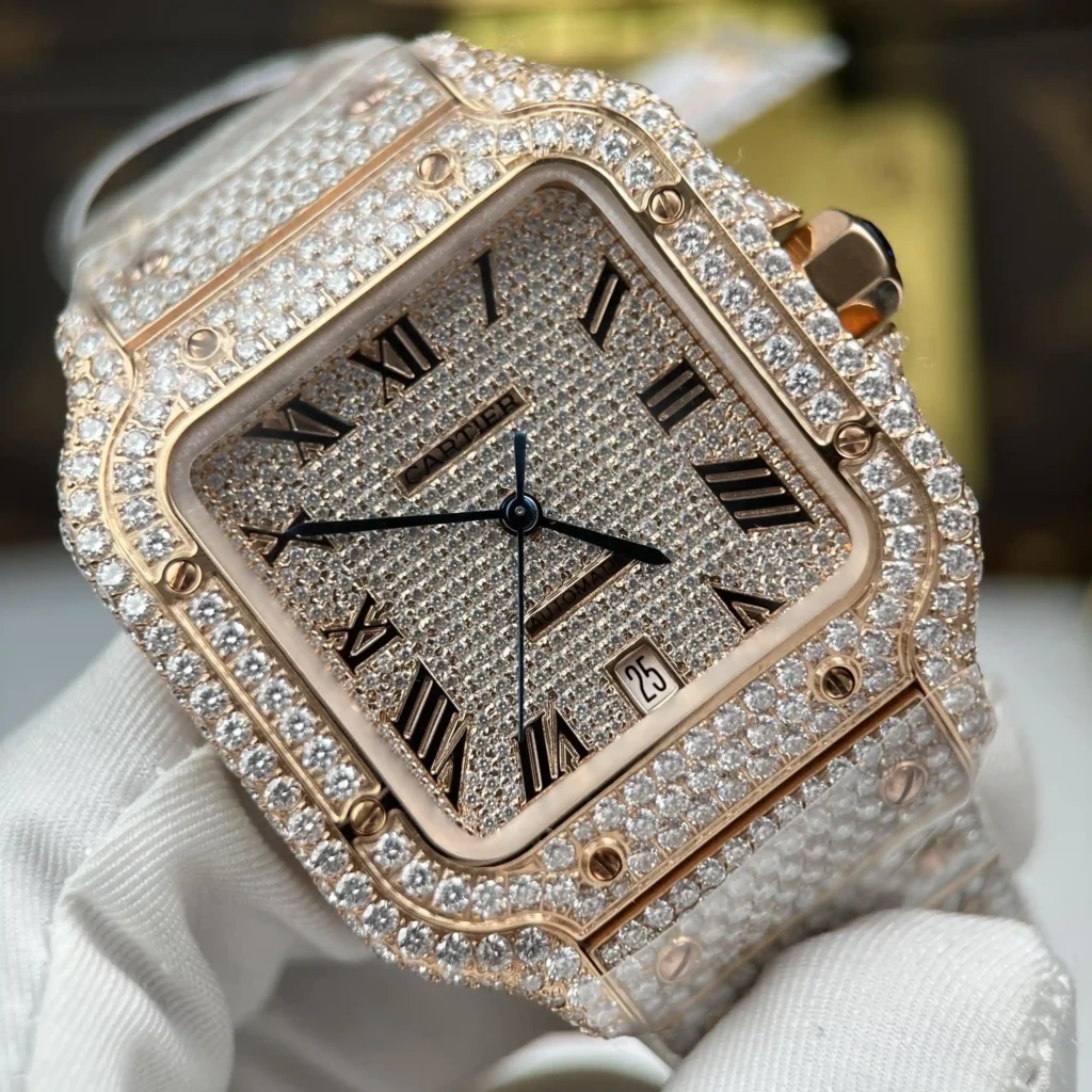 Super Clone Cartier Santos de Cartie Larger Full Diamond Rose Gold 39.8mm – Handcrafted Diamod — side profile