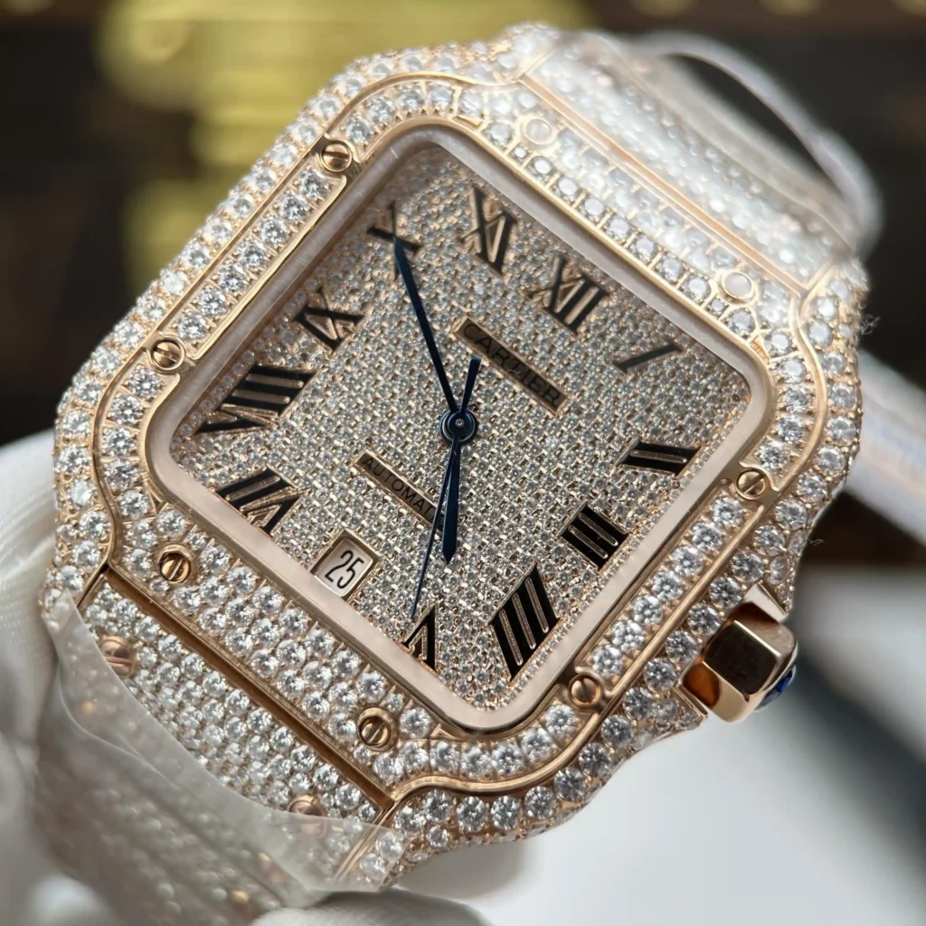 Super Clone Cartier Santos de Cartie Larger Full Diamond Rose Gold 39.8mm – Handcrafted Diamod — clasp and links