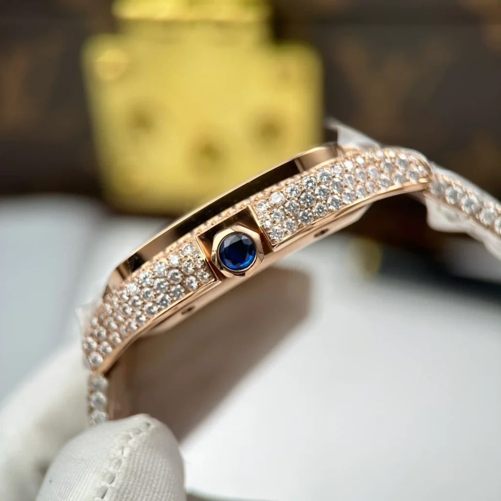 Super Clone Cartier Santos de Cartie Larger Full Diamond Rose Gold 39.8mm – Handcrafted Diamod — on leather display