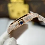 Super Clone Cartier Santos de Cartie Larger Full Diamond Rose Gold 39.8mm – Handcrafted Diamod — on leather display