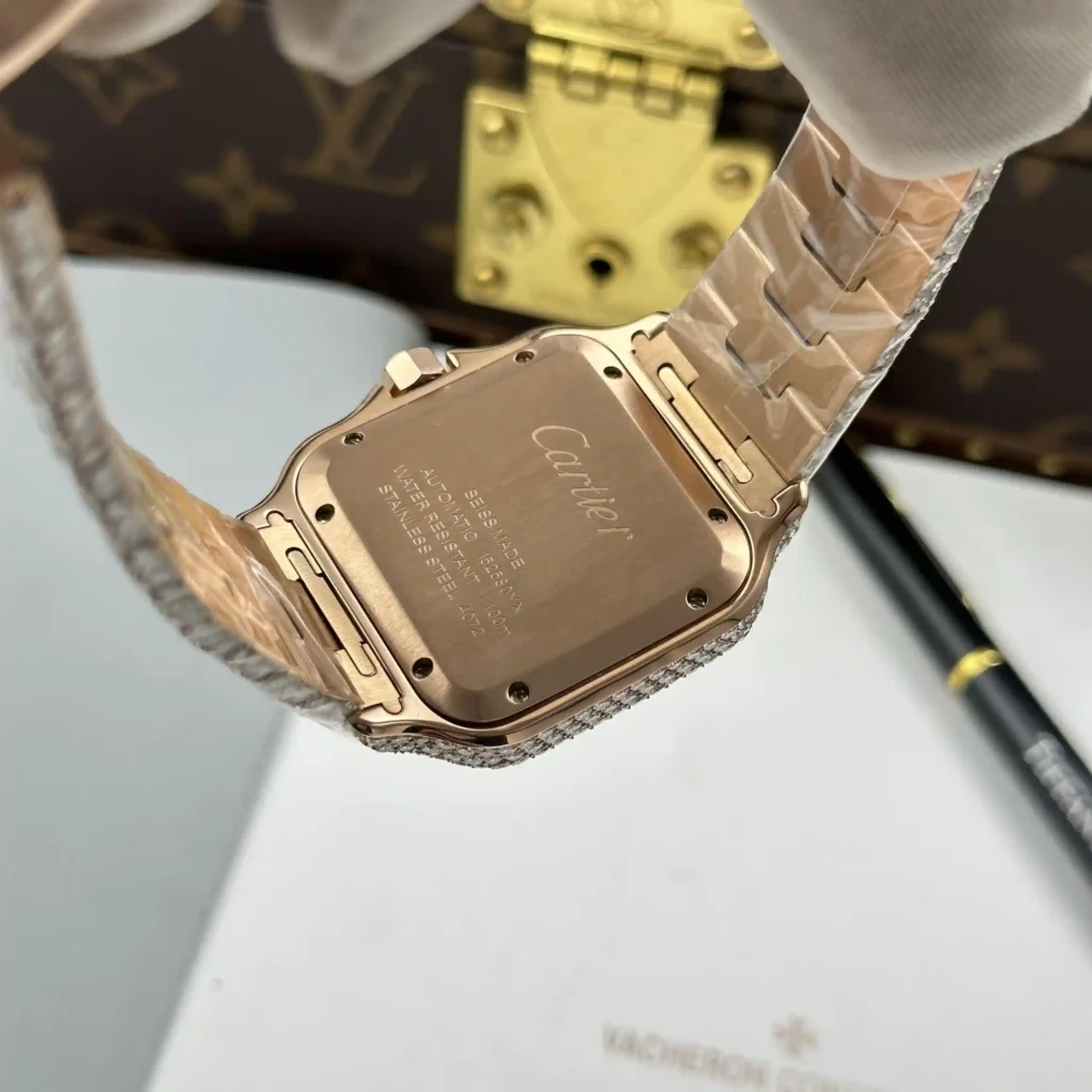 Super Clone Cartier Santos de Cartie Larger Full Diamond Rose Gold 39.8mm – Handcrafted Diamod — movement / caseback view