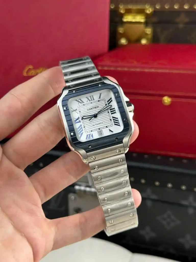 Super Clone Cartier Santos de Cartier Large WSSA0047 39.8mm – — on leather display