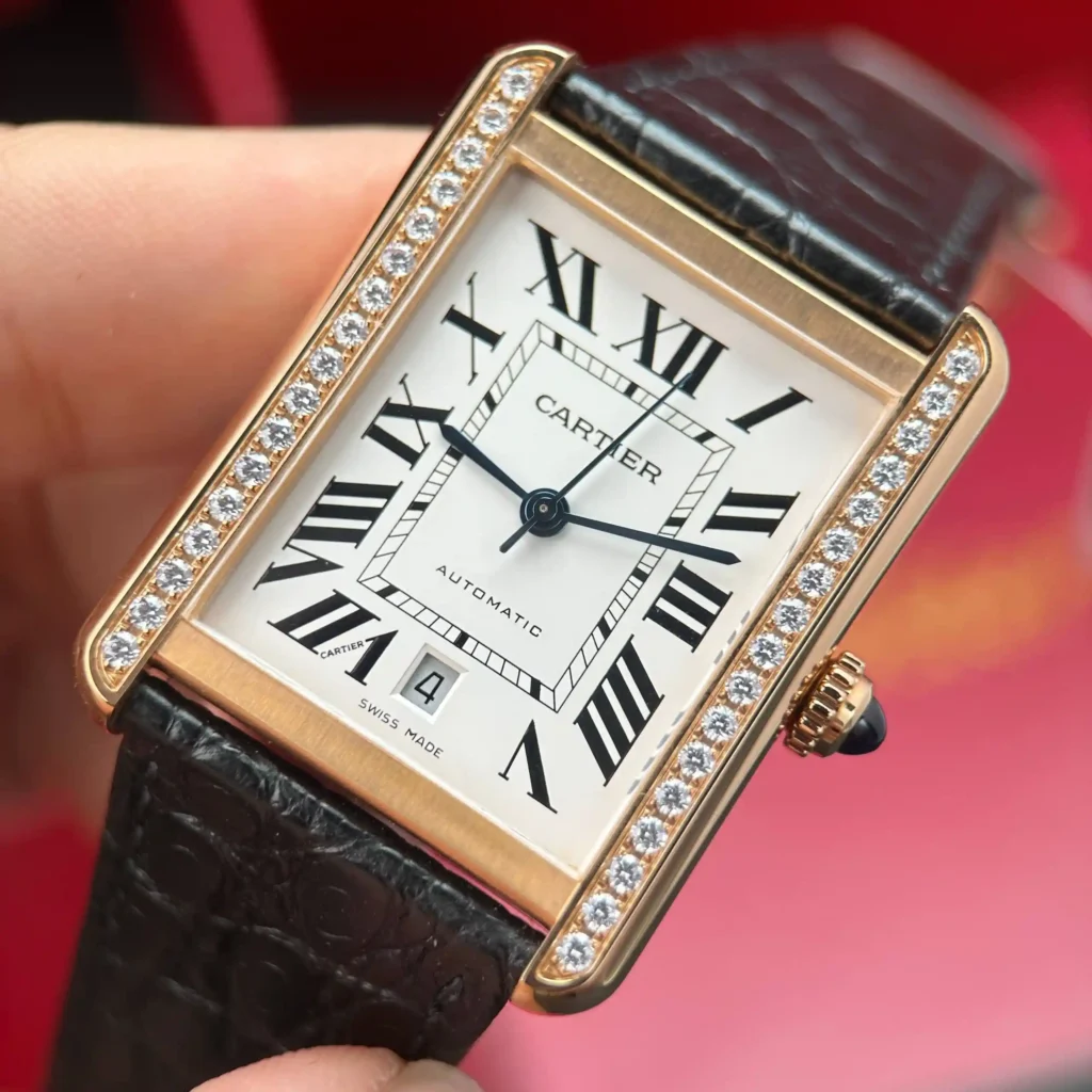 Super Clone Cartier 31mm Steel — on leather display