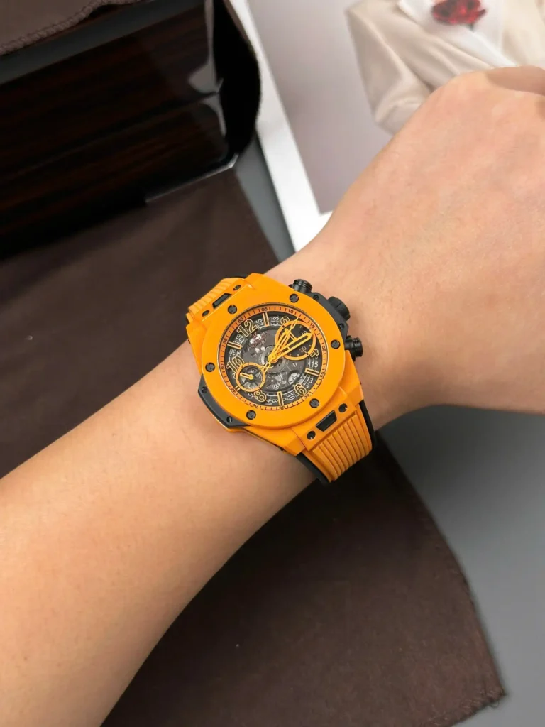 Super Clone Hublot Big Bang 42mm Rubber Strap Steel — on leather display