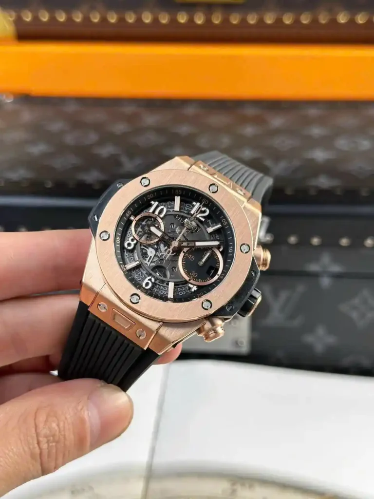 Super Clone Hublot Big Bang 42mm Rubber Strap Gold — dial close-up