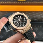 Super Clone Hublot Big Bang 42mm Rubber Strap Gold — on leather display