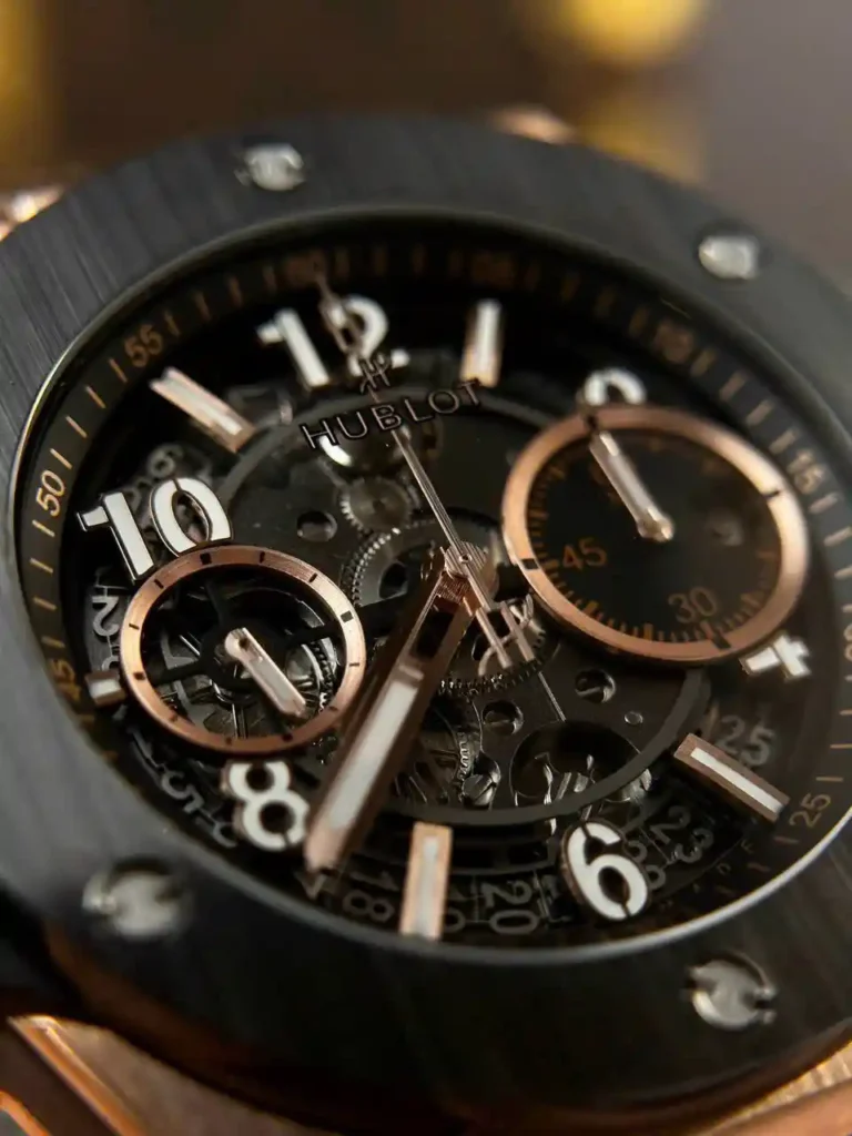 Super Clone Hublot Big Bang Unico King Gold Ceramic 421.OM.1180.RX 42mm — on leather display