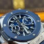 Super Clone Hublot Big Bang Unico Titanium Blue Ceramic 441.NL.5171.RX 42mm — on leather display