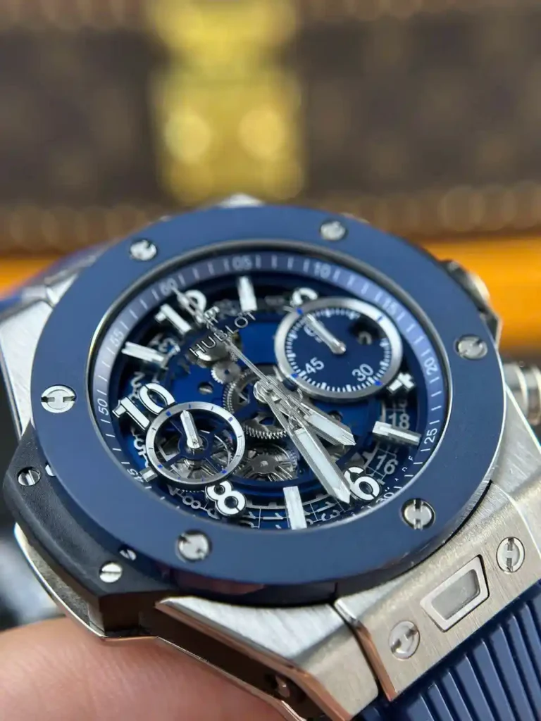 Super Clone Hublot Big Bang Unico Titanium Blue Ceramic 441.NL.5171.RX 42mm — on leather display