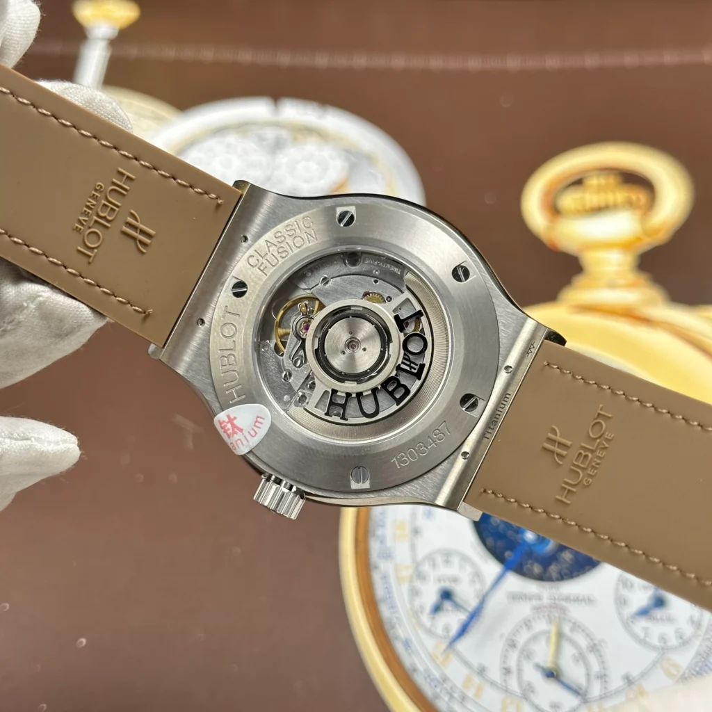 Super Clone Hublot Classic Fusion 42mm Sundunt Dial Titanium — on leather display