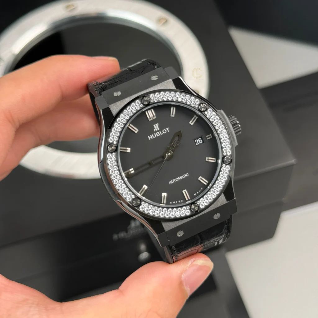 Super Clone Hublot Classic Fusion Ceramic Diamonds 42mm Black Dial JJZ Base – Customize Version — dial close-up