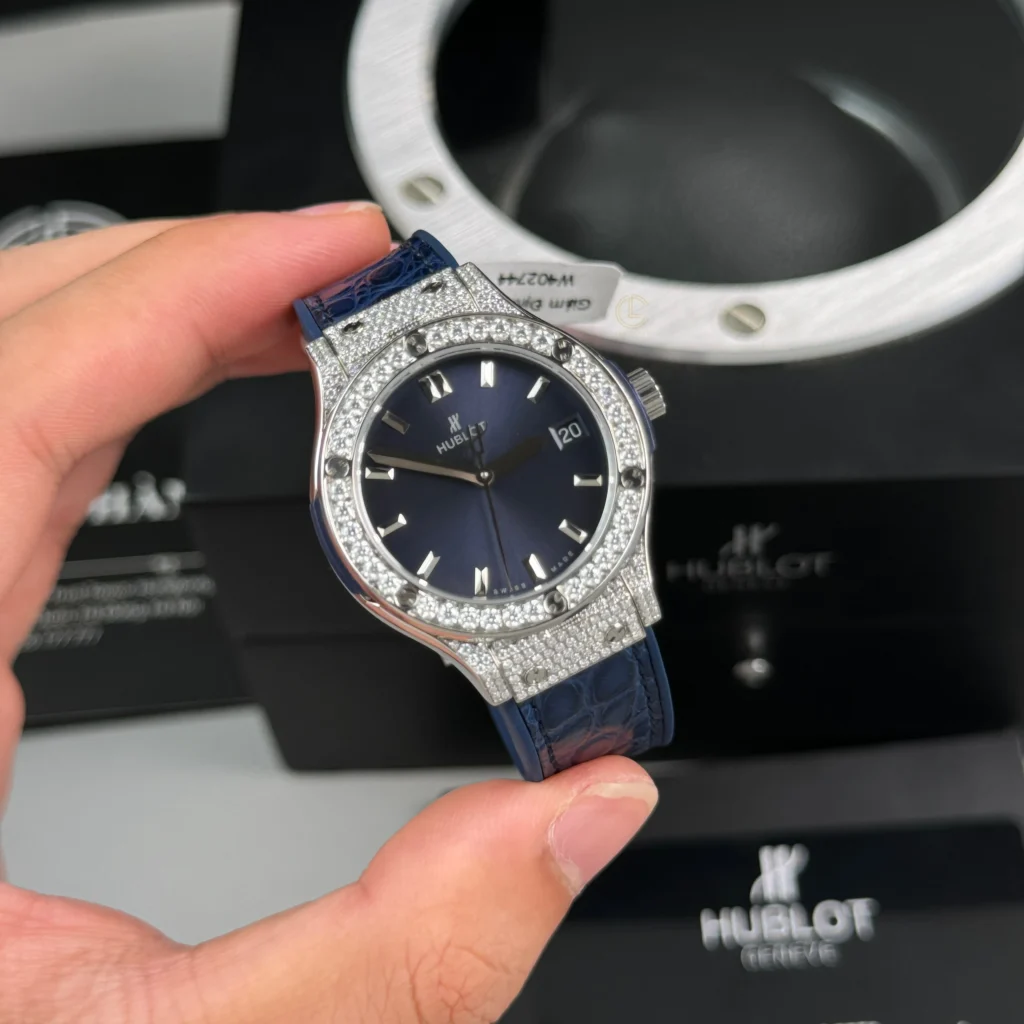 Super Clone Hublot Classic Fusion Diamonds Moissanite Pave 33mm Blue Dial – Handcrafted Diamod — dial close-up