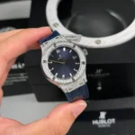 Super Clone Hublot Classic Fusion Diamonds Moissanite Pave 33mm Blue Dial – Handcrafted Diamod — dial close-up