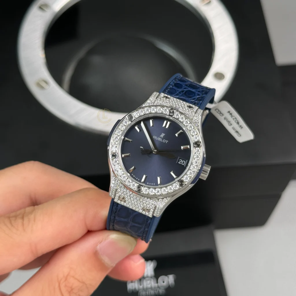 Super Clone Hublot Classic Fusion Diamonds Moissanite Pave 33mm Blue Dial – Handcrafted Diamod — case and bezel