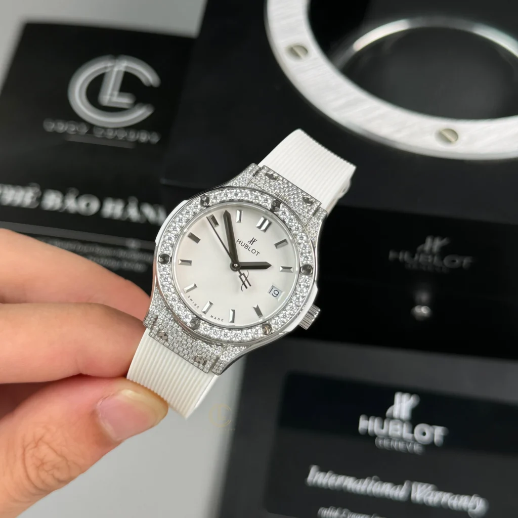 Super Clone Hublot Classic Fusion Diamonds Moissanite Pave 33mm White Dial – Handcrafted Diamod — dial close-up