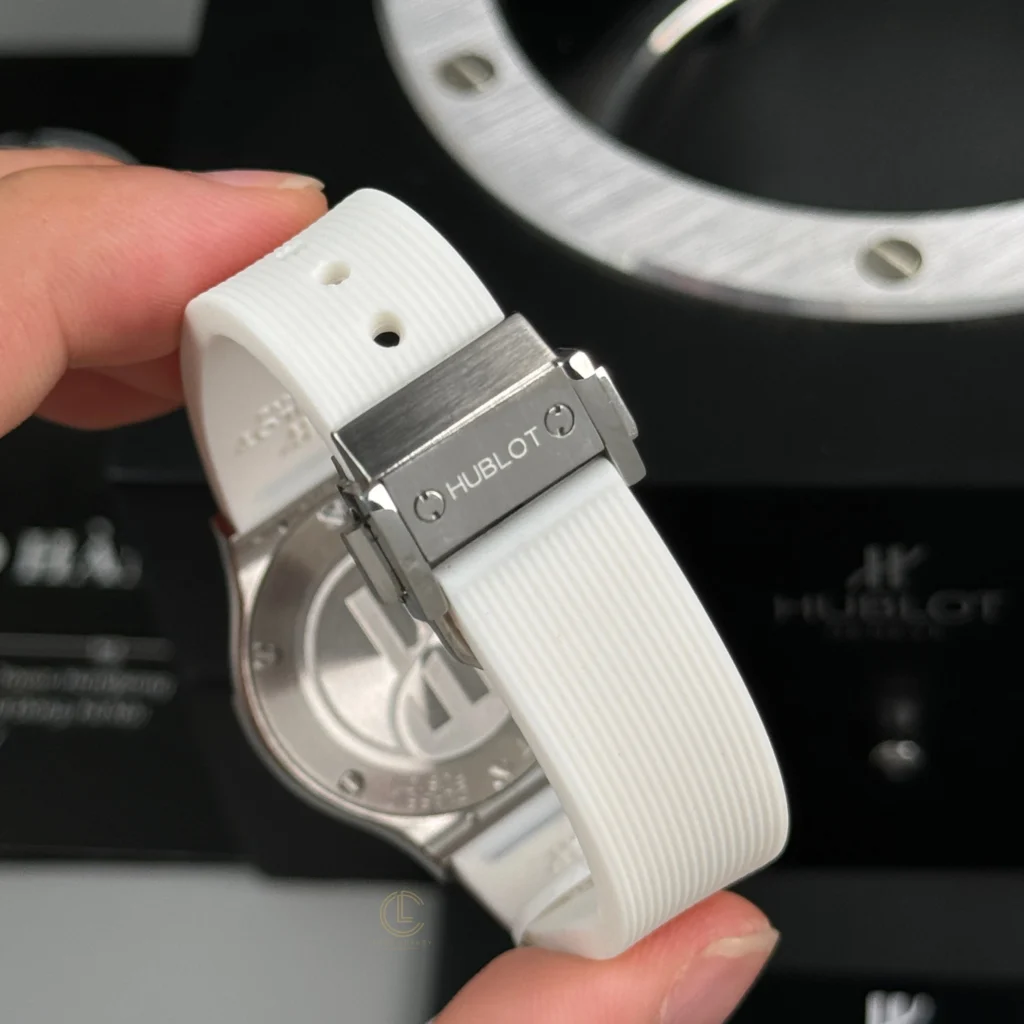 Super Clone Hublot Classic Fusion Diamonds Moissanite Pave 33mm White Dial – Handcrafted Diamod — on leather display
