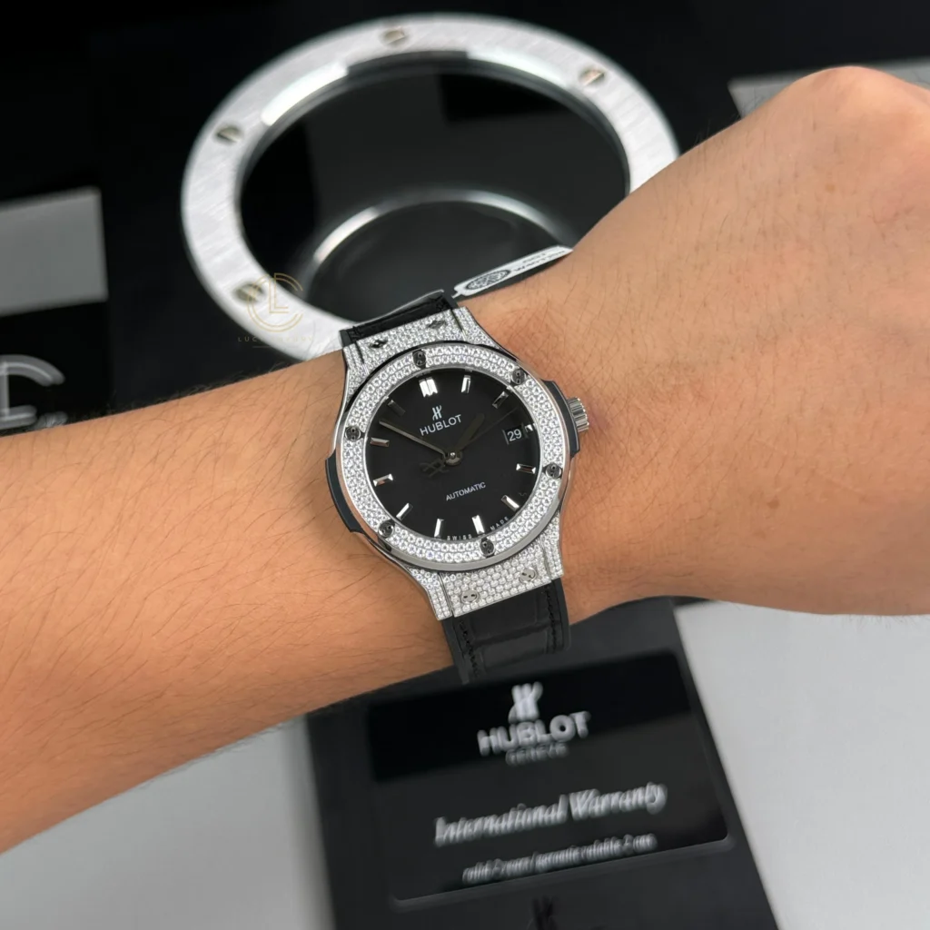 Super Clone Hublot Classic Fusion Diamonds Moissanite Pave 38mm Black Dial – Handcrafted Diamod — side profile