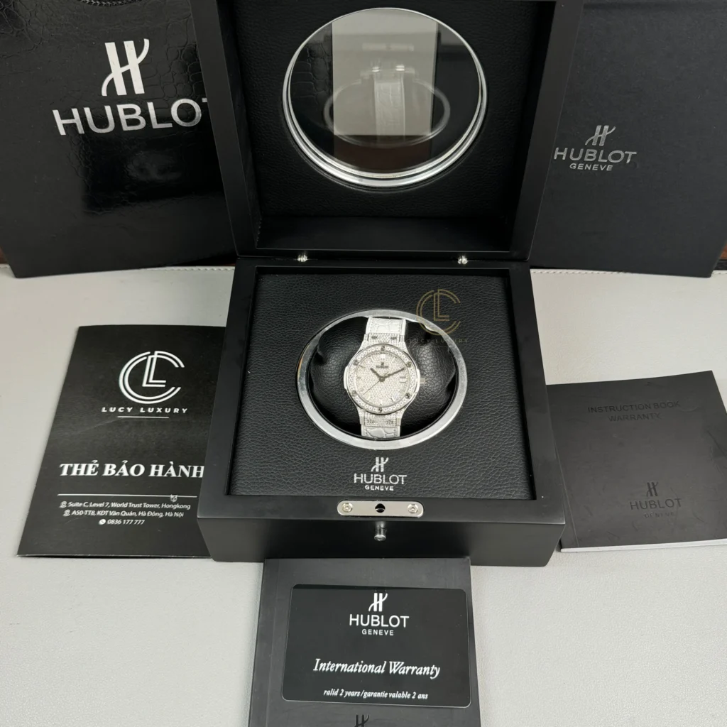 Super Clone Hublot Classic Fusion Diamonds Moissanite Pave 38mm Dial Moissanite – Handcrafted Diamod — on leather display
