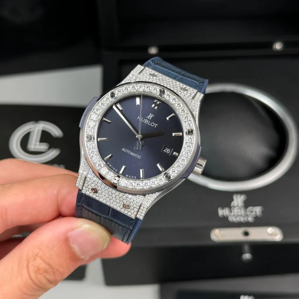 Super Clone Hublot Classic Fusion Diamonds Moissanite Pave 42mm Blue Dial – Customize Diamod — case and bezel