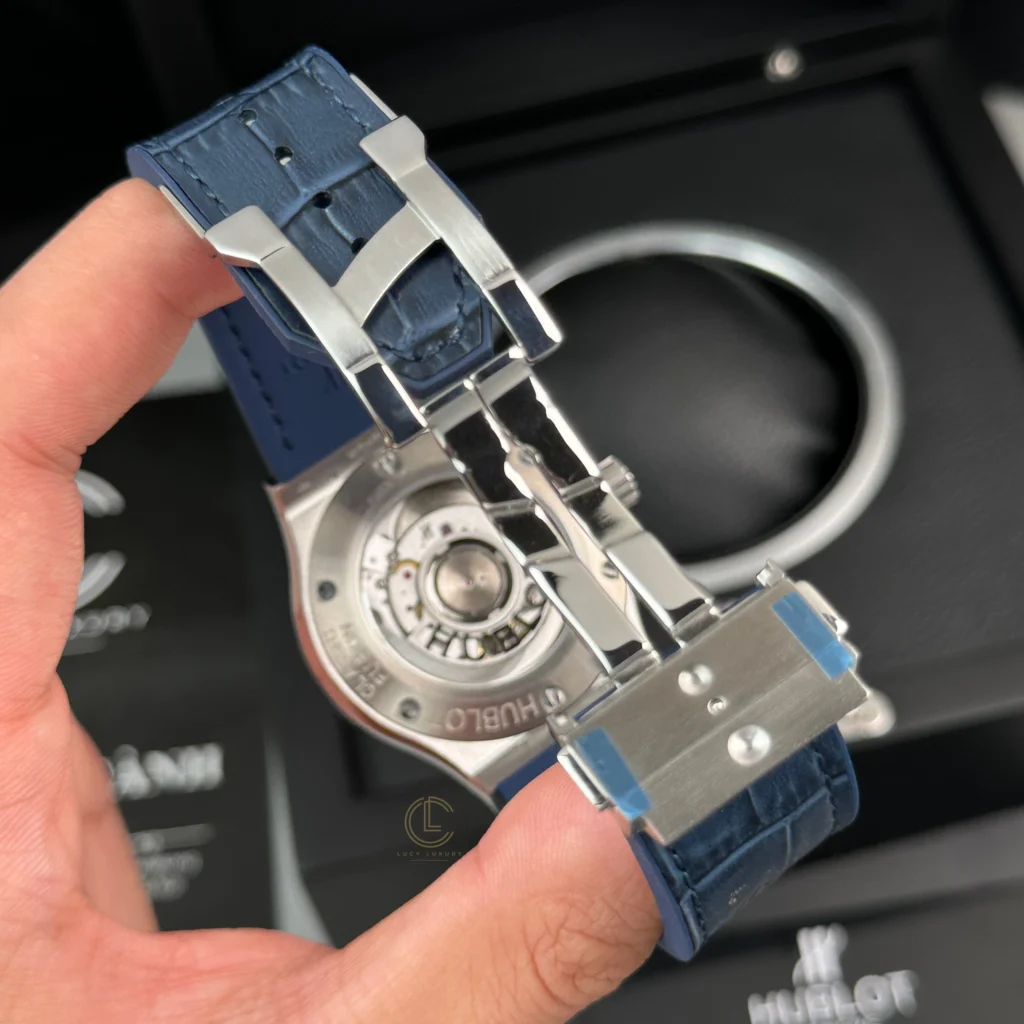 Super Clone Hublot Classic Fusion Diamonds Moissanite Pave 42mm Blue Dial – Customize Diamod — on leather display
