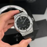 Super Clone Hublot Classic Fusion Diamonds Moissanite Pave 42mm Dial Black – Customize Diamod — dial close-up