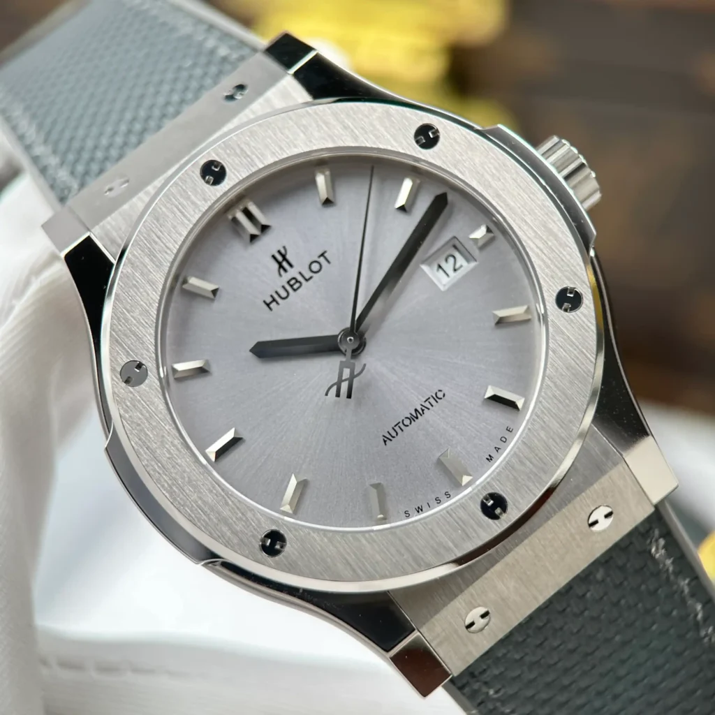 Super Clone Hublot Classic Fusion Essential Grey 42mm Titanium — on leather display