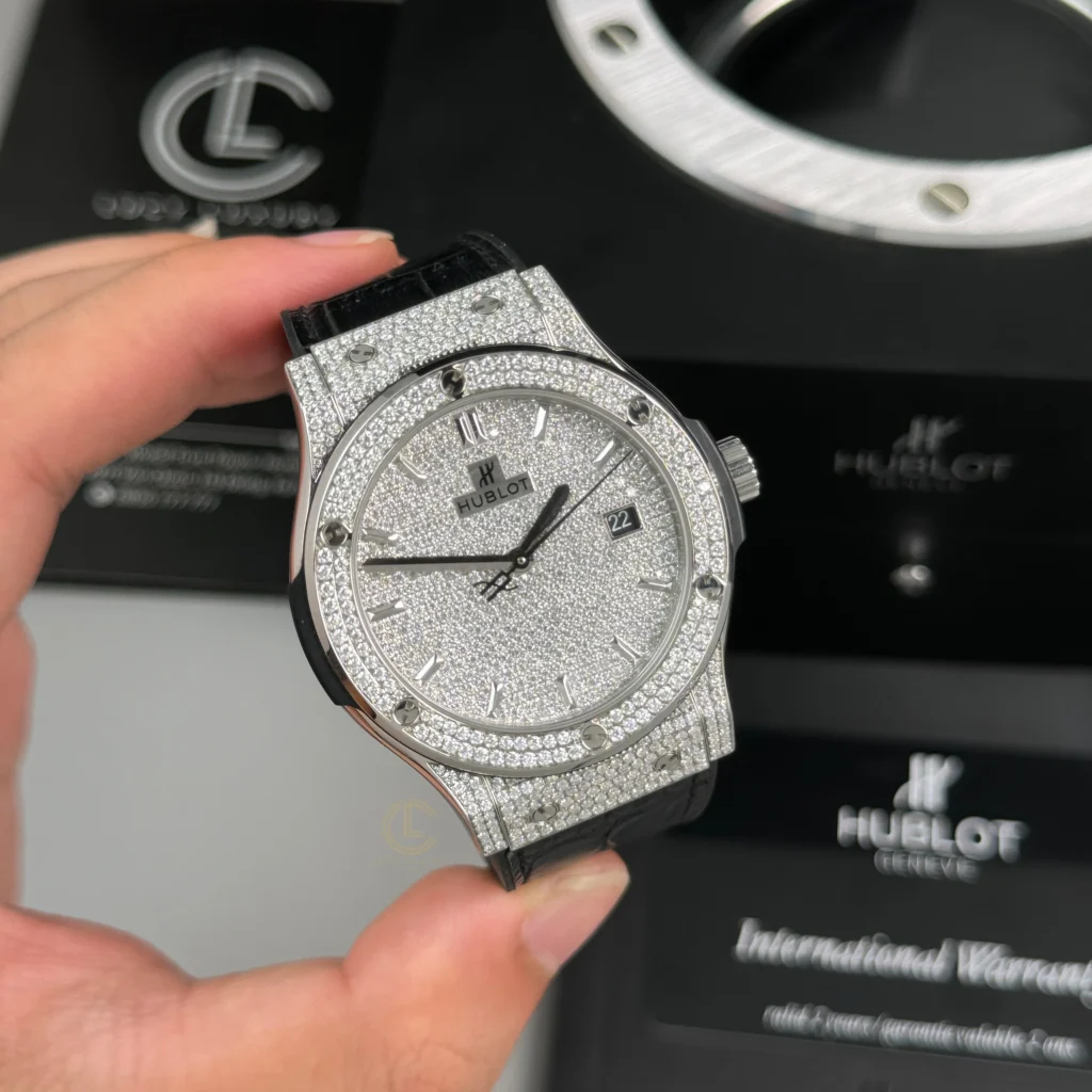 Super Clone Hublot Classic Fusion Full Diamonds Moissanite Pave 42mm – Customize Diamod — dial close-up