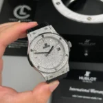 Super Clone Hublot Classic Fusion Full Diamonds Moissanite Pave 42mm – Customize Diamod — dial close-up