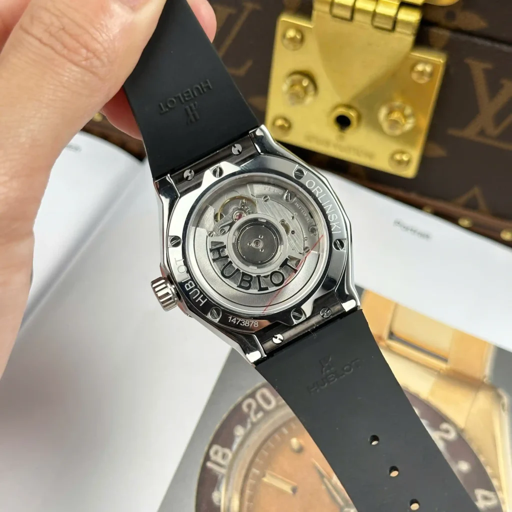 Super Clone Hublot Classic Fusion 40mm Leather Strap Steel — movement / caseback view