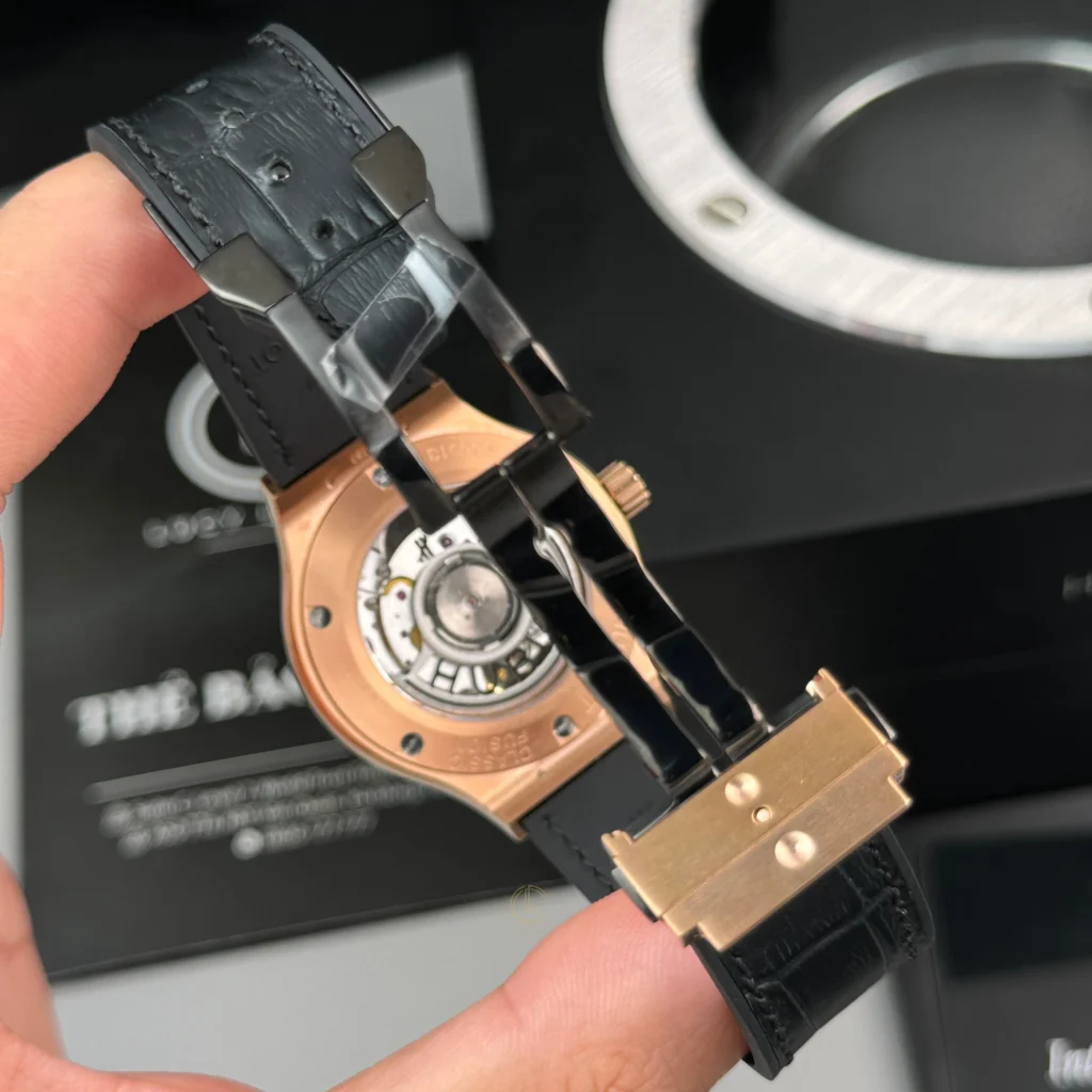Super Clone Hublot Classic Fusion Rose Gold Titanium 38mm Black Dial Unisex Size — on leather display