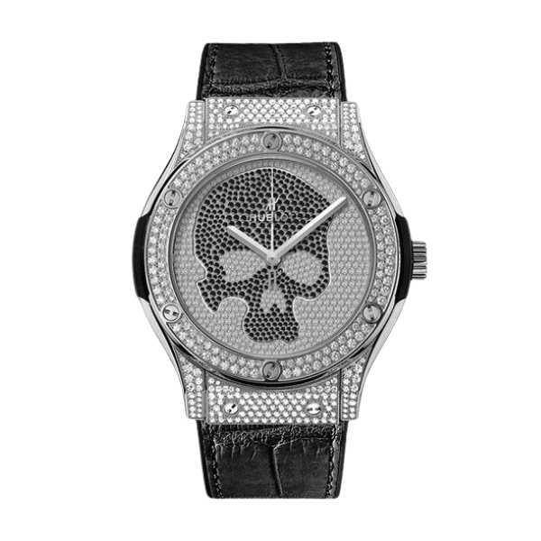 Super Clone Hublot Classic Fusion SKULL Full Diamonds Moissanite Pave 42mm Black Dial – Handcrafted Diamod