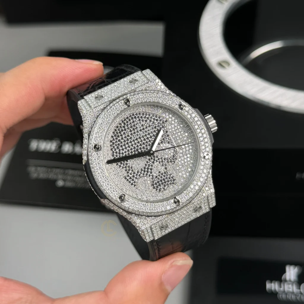 Super Clone Hublot Classic Fusion SKULL Full Diamonds Moissanite Pave 42mm Black Dial – Handcrafted Diamod — case and bezel