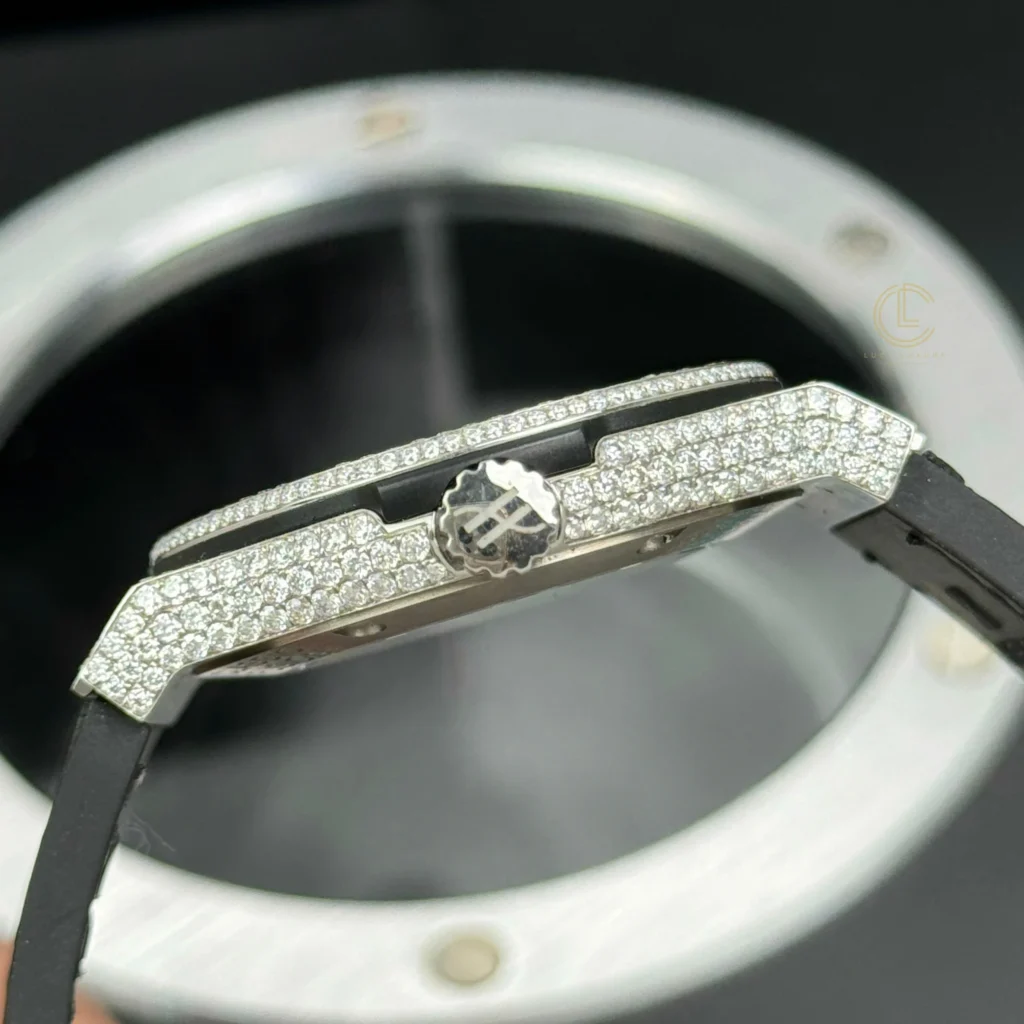 Super Clone Hublot Classic Fusion SKULL Full Diamonds Moissanite Pave 42mm Black Dial – Handcrafted Diamod — side profile